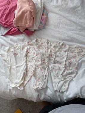 Little Me Cream Floral Ruffled Baby Onesie - Pink Rose Print